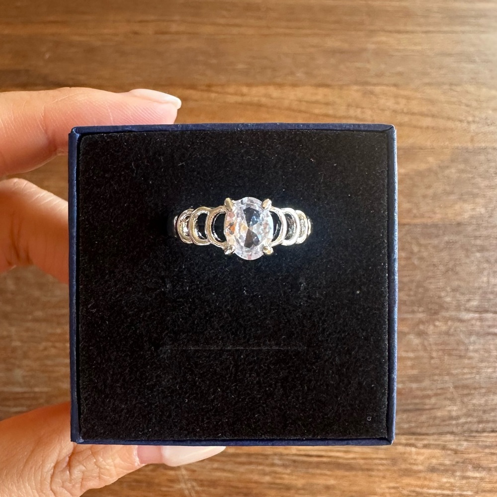 Oval CZ Engagement Ring Size 8.25 Silver Tone Diamond Look Statement Ring Gift